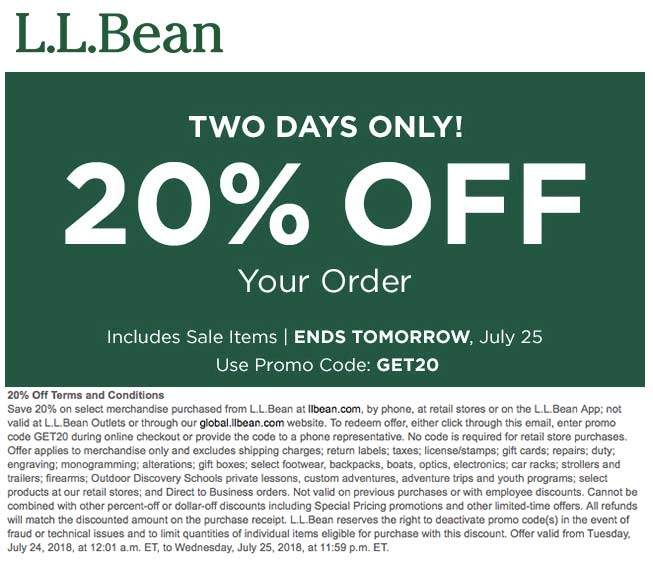 L.L.Bean Coupon April 2024 20% off today at L.L.Bean, or online via promo code GET20