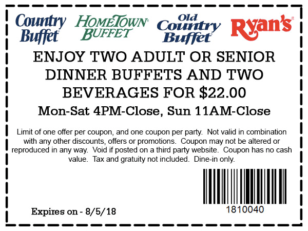 Hometown Buffet Coupon April 2024 Two buffets + 2 drinks = $22 at Ryans, HomeTown Buffet & Old Country Buffet