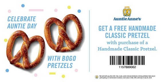 Auntie Annes Coupon April 2024 Second pretzel free today at Auntie Annes