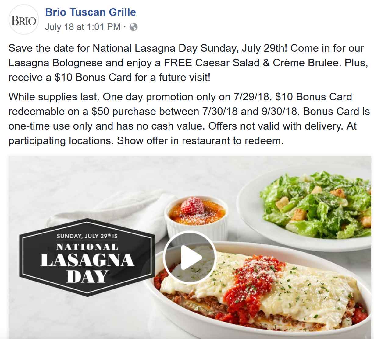 Brio Tuscan Grille Coupon April 2024 Free caesar salad & creme brulee + $10 card with your lasagna Sunday at Brio Tuscan Grille