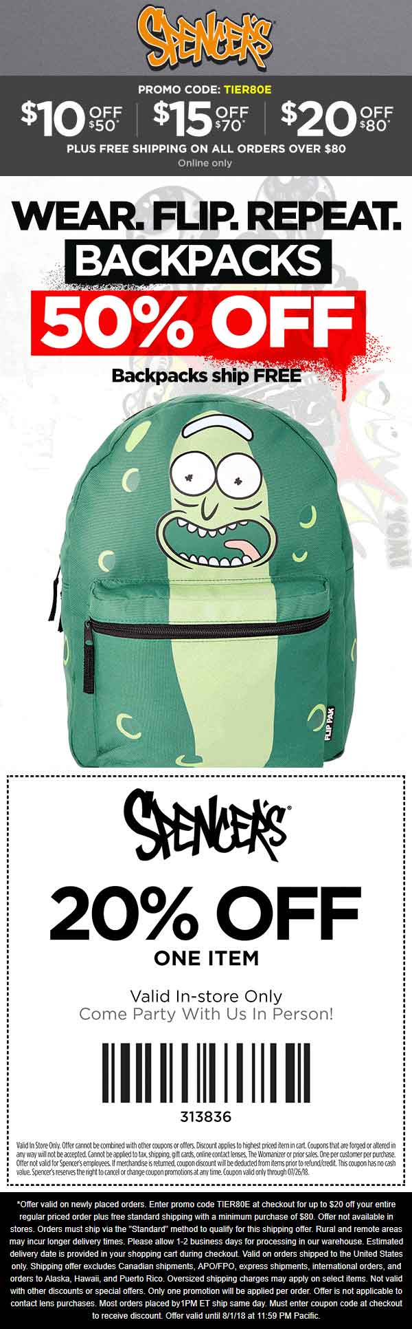 Spencers Coupon May 2024 50% off backpacks, 20% off a single item at Spencers, or $10 off $50 & more online via promo TIER80E