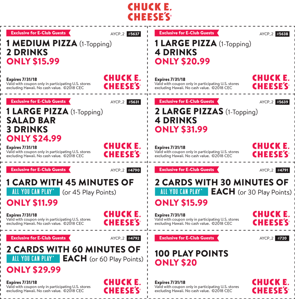 Chuck E. Cheese Coupon April 2024 45 min of all-you-can-play for $12 & more at Chuck E. Cheese pizza