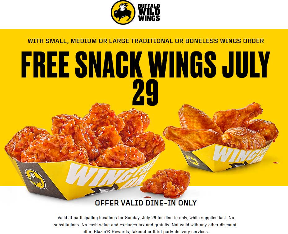 Buffalo Wild Wings Coupon April 2024 Free wings with your wings Sunday at Buffalo Wild Wings restaurants