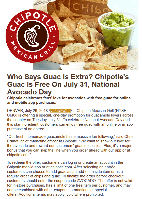 Chipotle Coupon April 2024 Free guacamole with your meal Tuesday at Chipotle