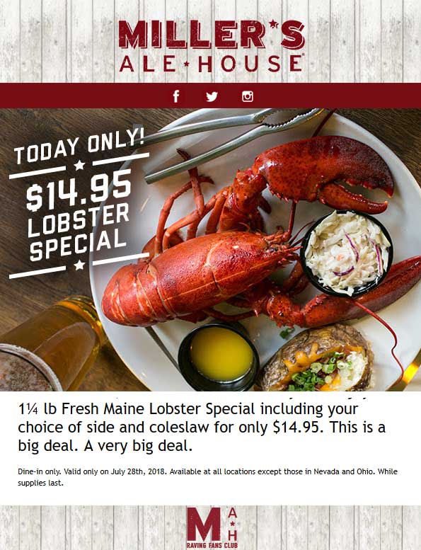 Millers Ale House Coupon April 2024 1.25lb lobster tail for $15 today at Millers Ale House restaurants