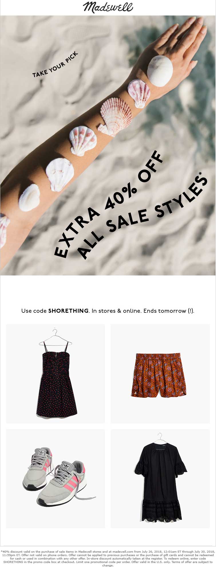 Madewell Coupon April 2024 Extra 40% off sale items at Madewell, or online via promo code SHORETHING