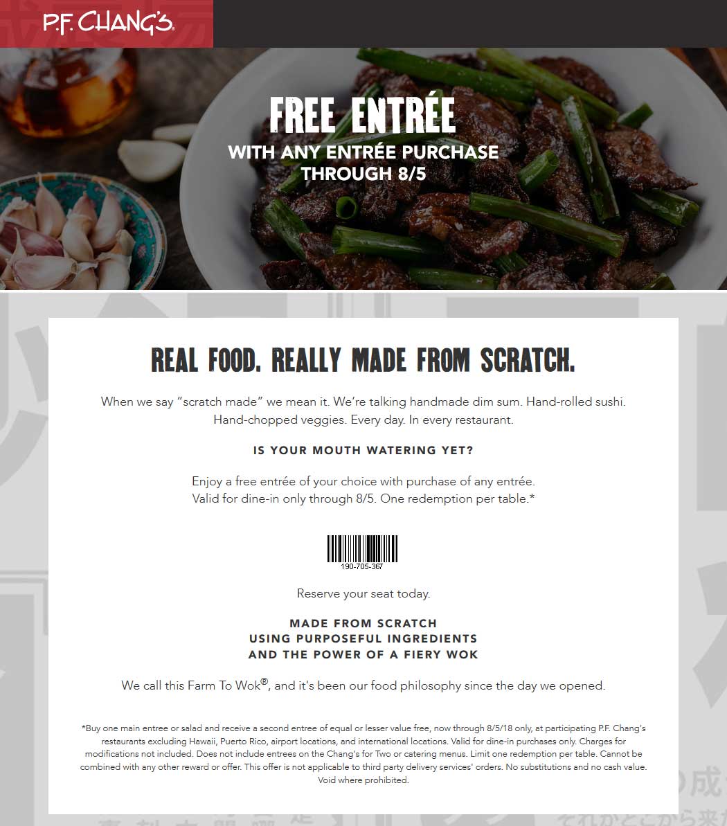 P.F. Changs Coupon April 2024 Second entree free at P.F. Changs