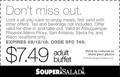 Souper Salad Coupon March 2024 $7.49 bottomless buffet at Souper Salad restaurants