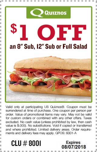Quiznos Coupon April 2024 $1 off a sub sandwich or salad at Quiznos