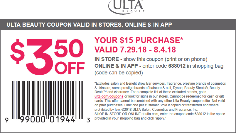 Ulta Coupon April 2024 $3.50 off $10 at Ulta Beauty, or online via promo code 688012
