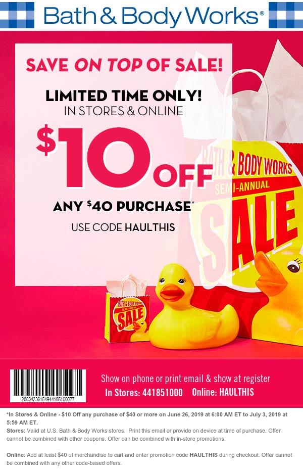 Bath & Body Works Coupon April 2024 $10 off $40 at Bath & Body Works, or online via promo code HAULTHIS