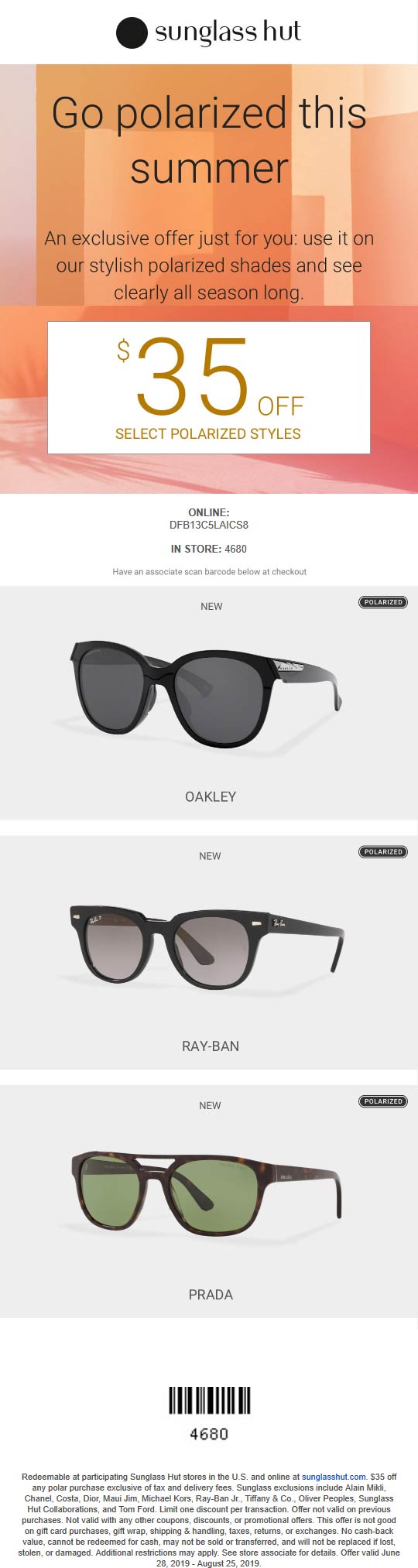 Sunglass Hut Coupons 25 off 100 & more at Sunglass Hut, or online