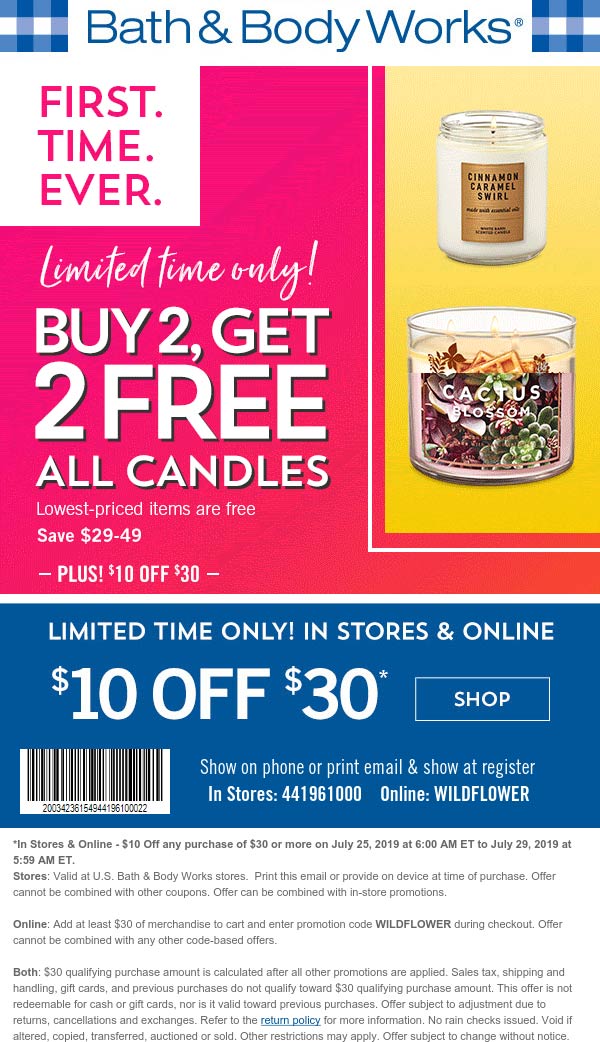 Bath & Body Works Coupon April 2024 $10 off $30 at Bath & Body Works, or online via promo code WILDFLOWER