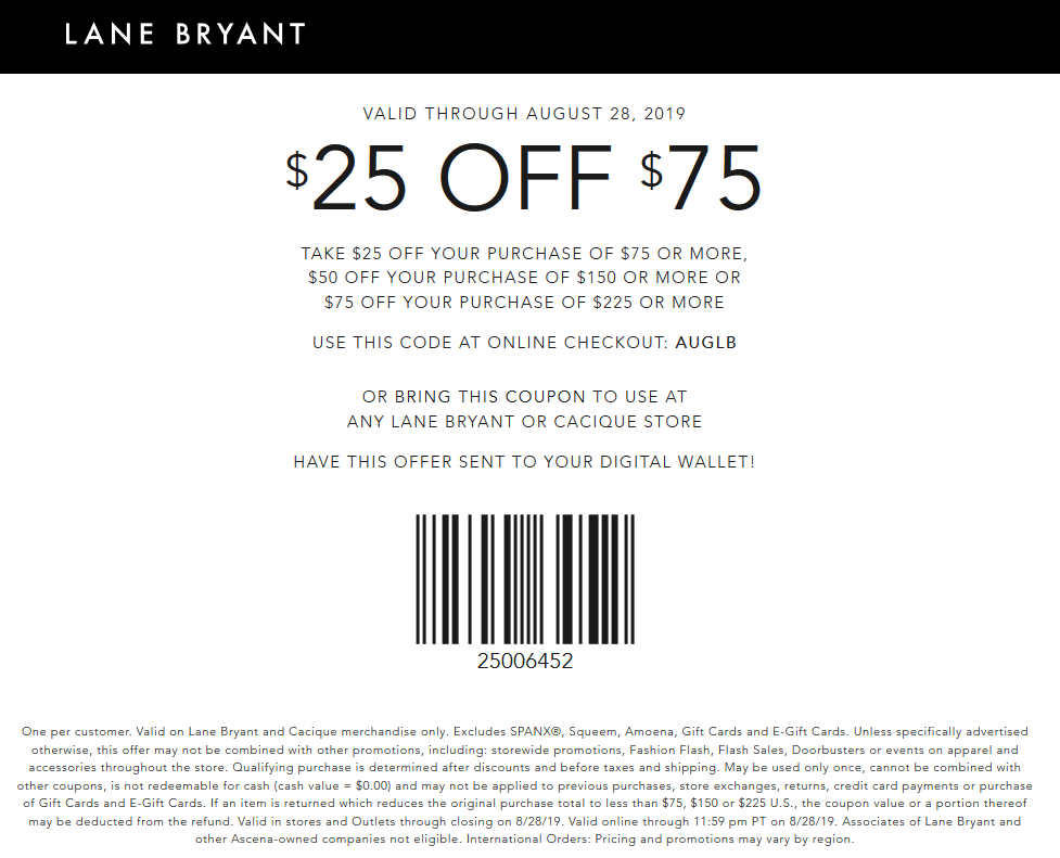 Lane Bryant Coupon March 2024 $25 off $75 at Lane Bryant, or online via promo code AUGLB