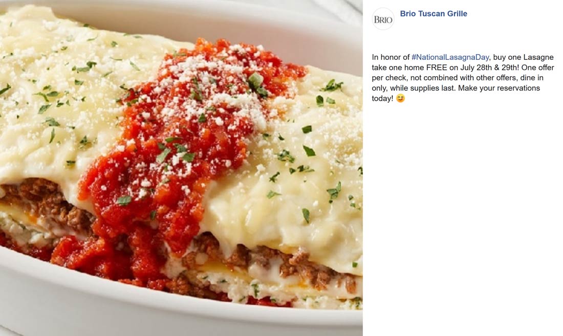 Brio Tuscan Grille Coupon March 2024 Second lasagna free at Brio Tuscan Grille restaurants