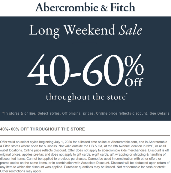 Abercrombie & Fitch stores Coupon  40-60% off at Abercrombie & Fitch, ditto online #abercrombiefitch