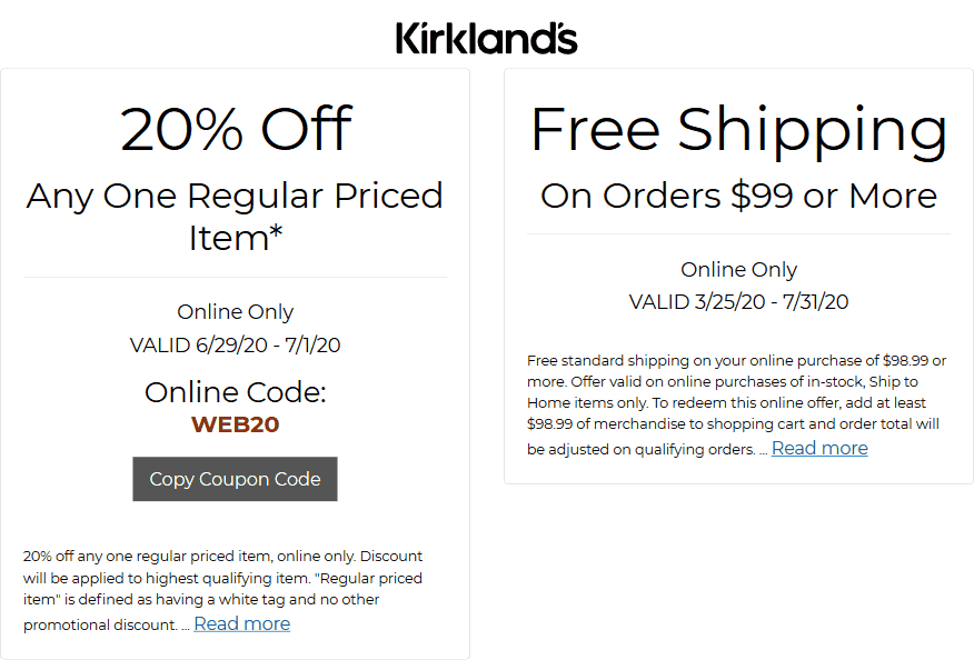 Kirklands stores Coupon  20% off a single item today at Kirklands via promo code WEB20 #kirklands