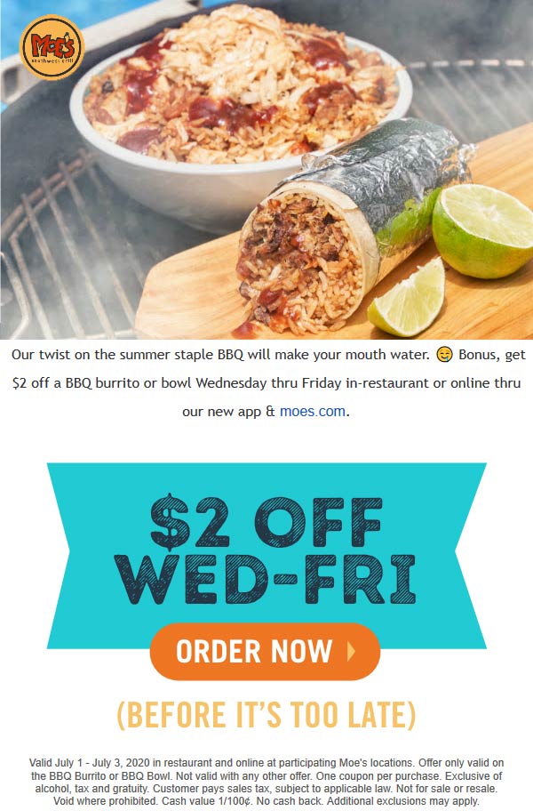  2 Off A BBQ Burrito Or Bowl At Moes Southwest Grill moes The 