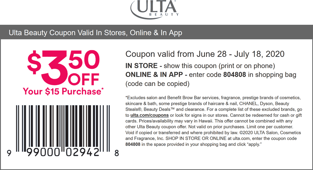 Ulta Beauty stores Coupon  $3.50 off $15 at Ulta Beauty, or online via promo code 804808 #ultabeauty