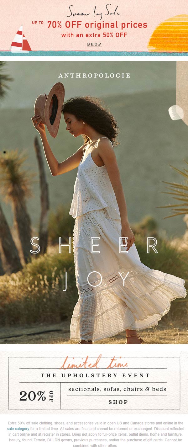 Anthropologie stores Coupon  Extra 50% off sale items at Anthropologie, also online #anthropologie