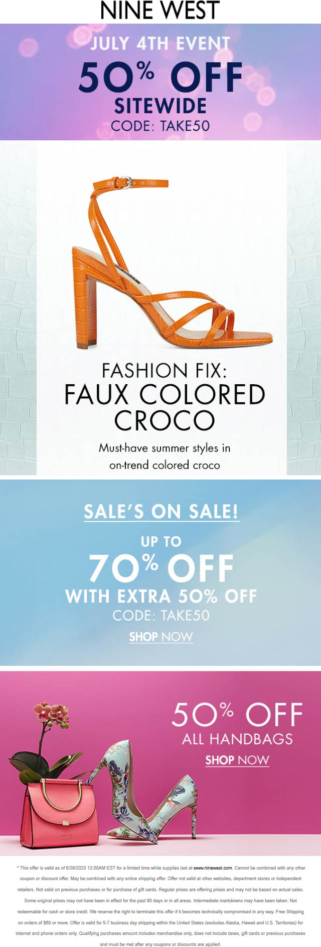 Nine West stores Coupon  50% off everything online at Nine West shoes via promo code TAKE50 #ninewest