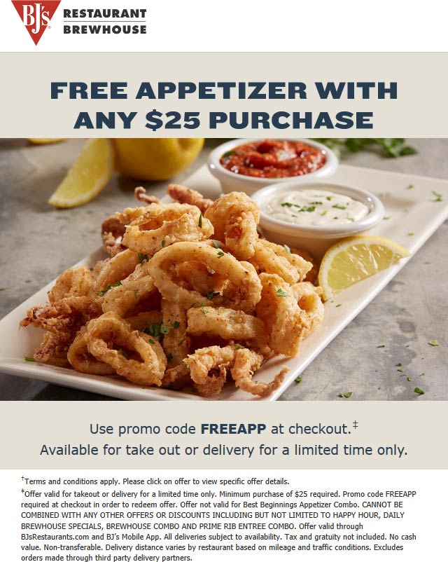 Free appetizer with 25 spent at BJs Restaurant brewhouse via promo