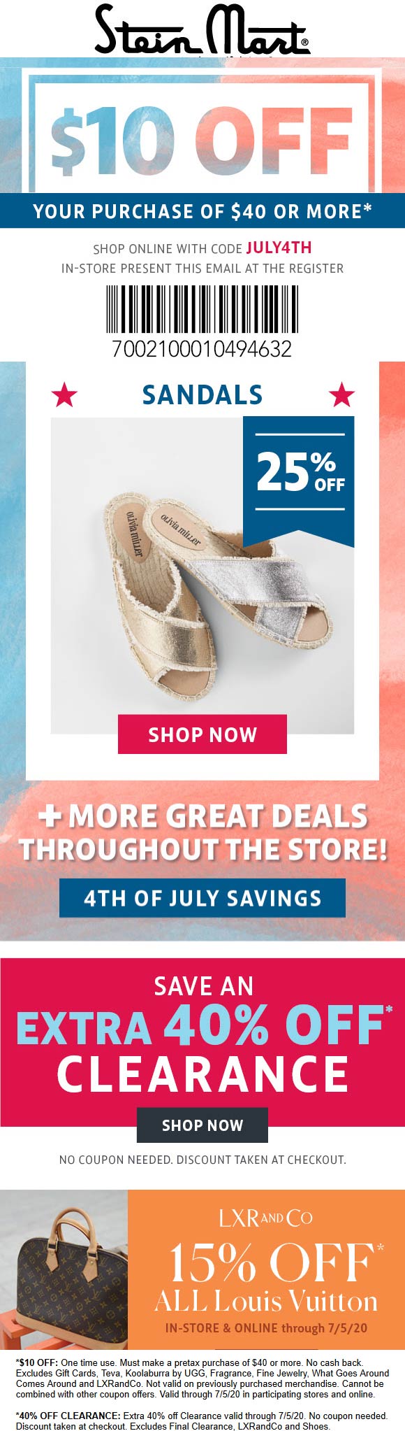 Stein Mart stores Coupon  $10 off $40 at Stein Mart, or online via promo code JULY4TH #steinmart