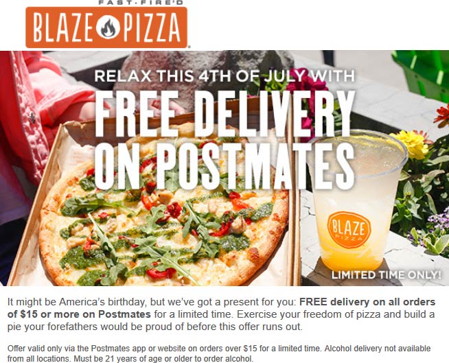 [June, 2021] Free delivery on 15 today at Blaze Pizza blazepizza