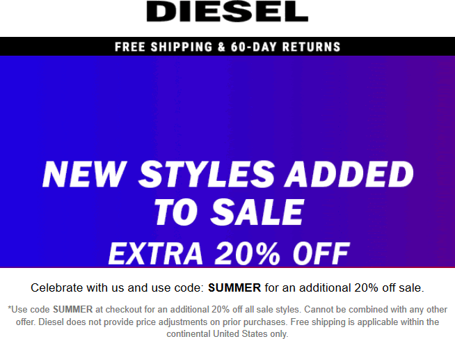 Diesel stores Coupon  Extra 20% off sale items at Diesel via promo code SUMMER #diesel
