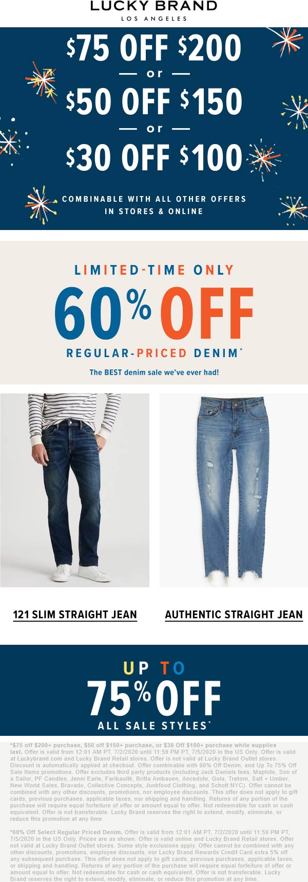 Lucky Brand stores Coupon  $30 off $100 & more today at Lucky Brand, ditto online #luckybrand