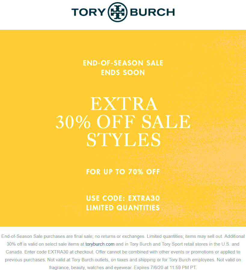Tory Burch stores Coupon  Extra 30% off sale styles at Tory Sport & Tory Burch, or online via promo code EXTRA30 #toryburch