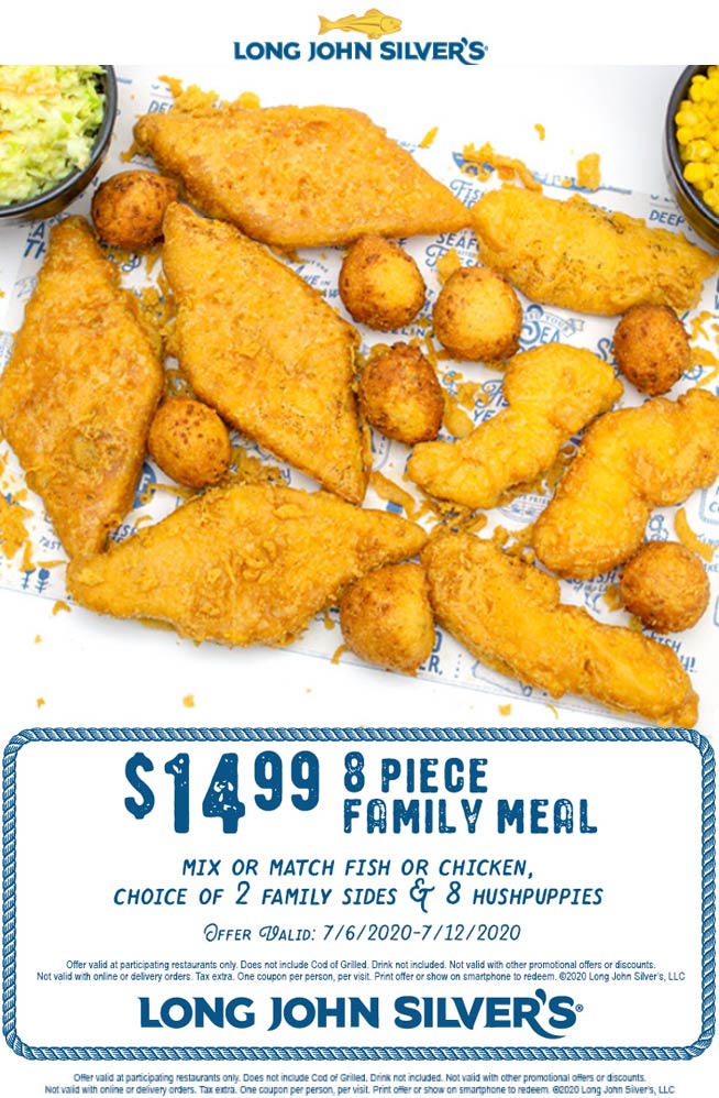 8pc fish or chicken + 2 family sides + 8 hushpuppies = 15 at Long John