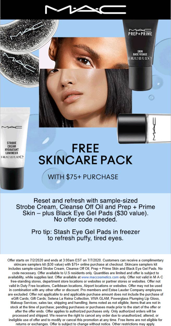 MAC stores Coupon  Free skincare pack with $75 today at MAC Cosmetics #mac