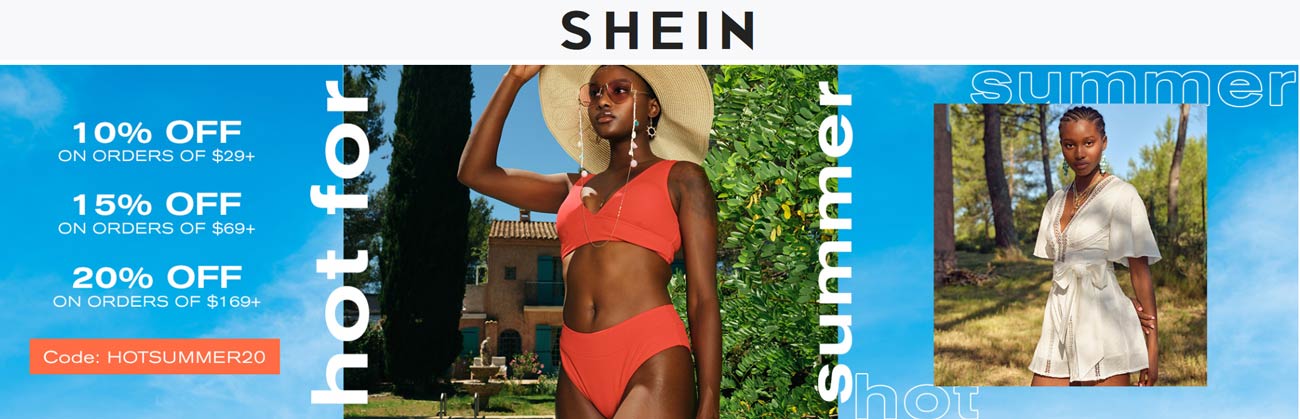 Shein stores Coupon  10-20% off $29+ at Shein via promo code HOTSUMMER20 #shein