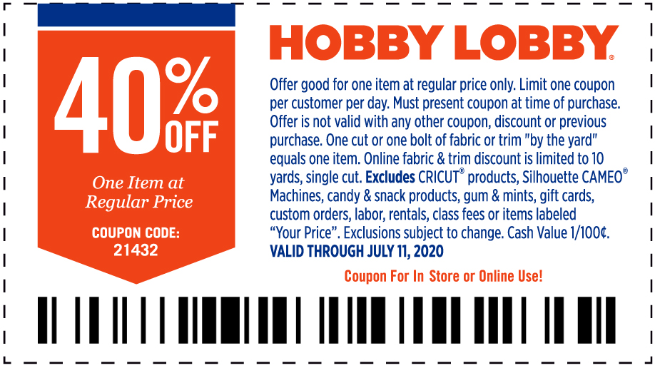 Hobby Lobby stores Coupon  40% off a single item at Hobby Lobby, or online via promo code 21432 #hobbylobby