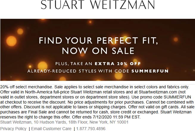 Stuart Weitzman stores Coupon  Extra 20% off sale styles at Stuart Weitzman via promo code SUMMERFUN #stuartweitzman