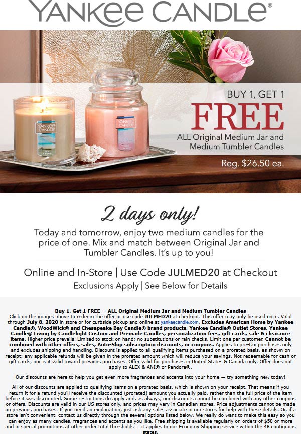 Yankee Candle stores Coupon  Second medium candle free at Yankee Candle, or online via promo code JULMED20 #yankeecandle