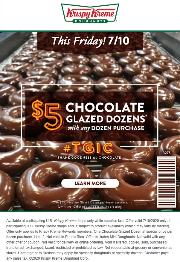 Krispy Kreme restaurants Coupon  $5 chocolate glazed dozen doughnuts Friday at Krispy Kreme #krispykreme krispykreme doughnuts 