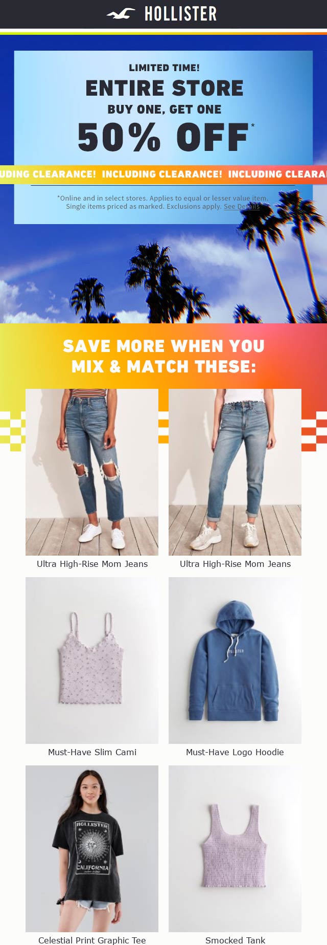 [March, 2021] Second item 50 off at Hollister, ditto online hollister