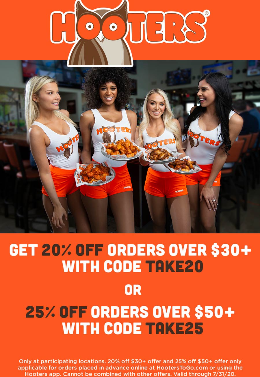Hooters restaurants Coupon  20-25% off $30+ takeout at Hooters restaurants via promo code TAKE20 or TAKE25 #hooters hootersgirl 