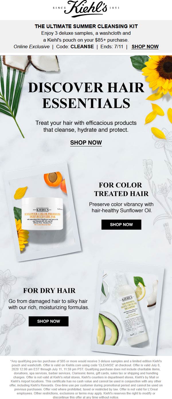 Kiehls stores Coupon  3 samples + washcloth & pouch free with $85 spent at Kiehls via promo code CLEANSE #kiehls 