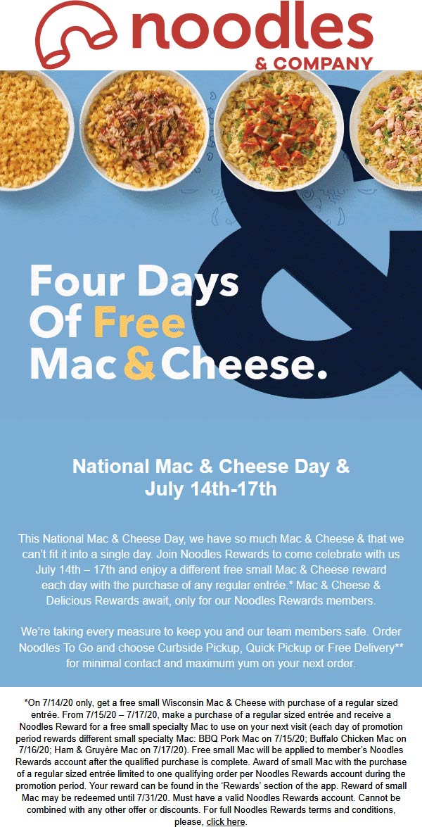 Noodles & Company restaurants Coupon  Free macaroni & cheese with your entree at Noodles & Company #noodlescompany 