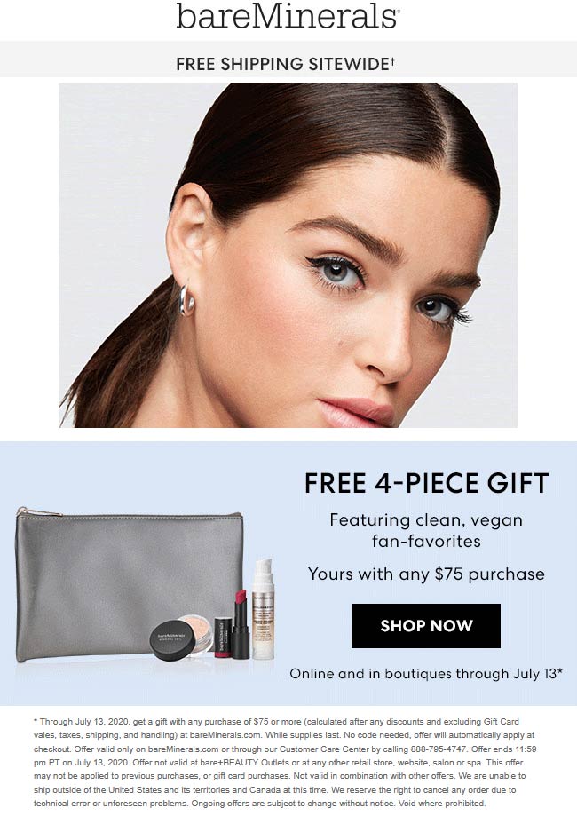 Free 4pc kit with 75 spent at bareMinerals, ditto online bareminerals