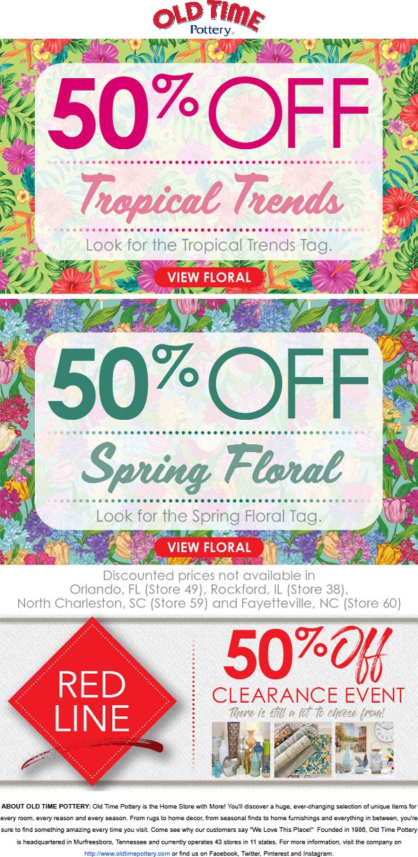 Old Time Pottery stores Coupon  50% off spring, tropical & clearance at Old Time Pottery #oldtimepottery 