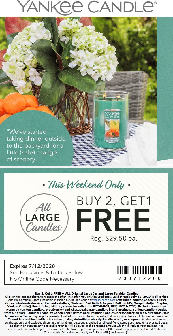 3rd candle free at Yankee Candle, ditto online yankeecandle The
