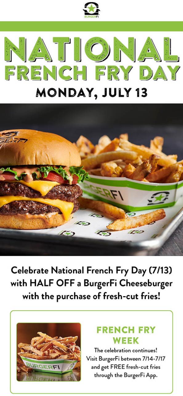 BurgerFi restaurants Coupon  50% off your cheeseburger with order of fries Monday at BurgerFi #burgerfi 