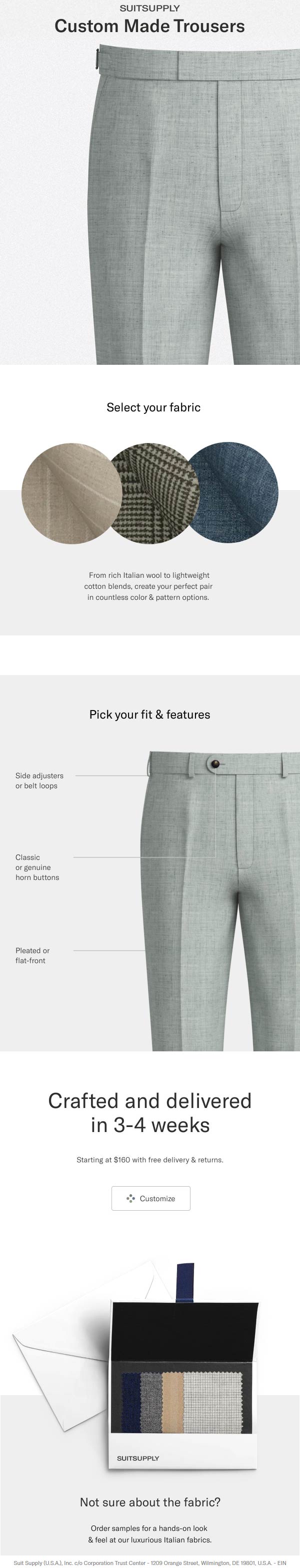 Suit Supply stores Coupon  Custom made trousers for $160 at Suit Supply #suitsupply 