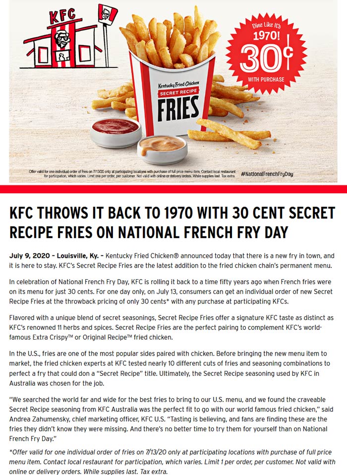KFC restaurants Coupon  .30 cent secret recipe french fries today at KFC #kfc pizzahut burgerking mcdonalds 