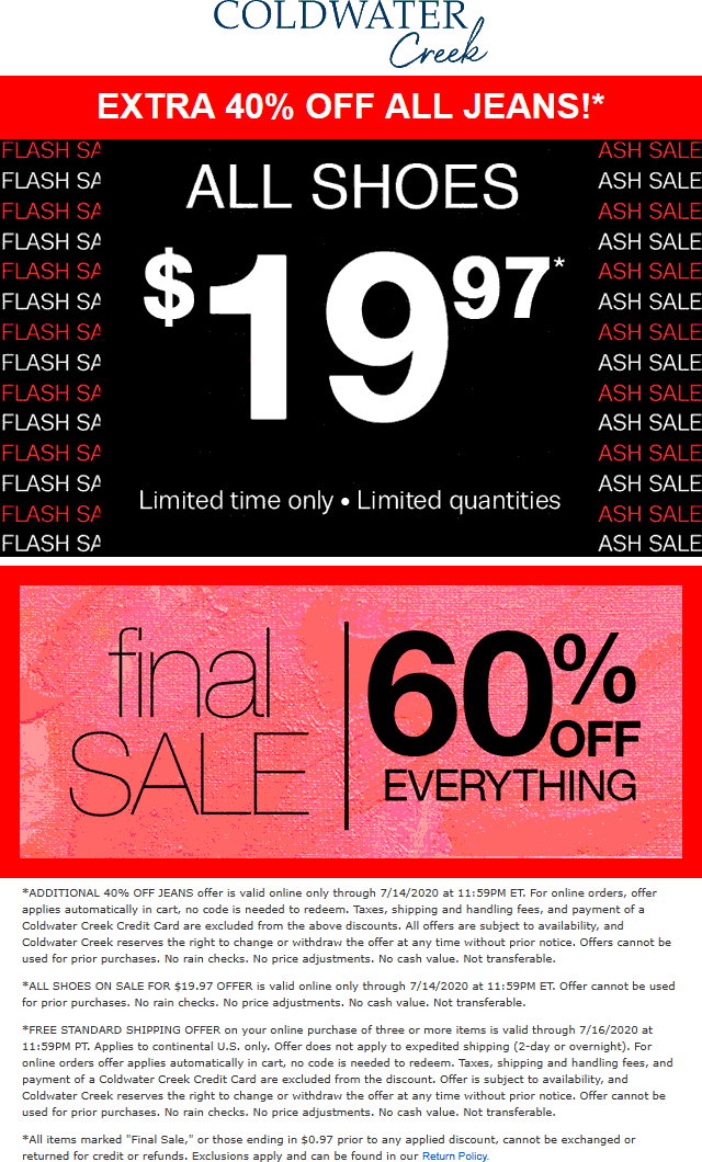 Coldwater Creek stores Coupon  60% off everything today at Coldwater Creek #coldwatercreek 