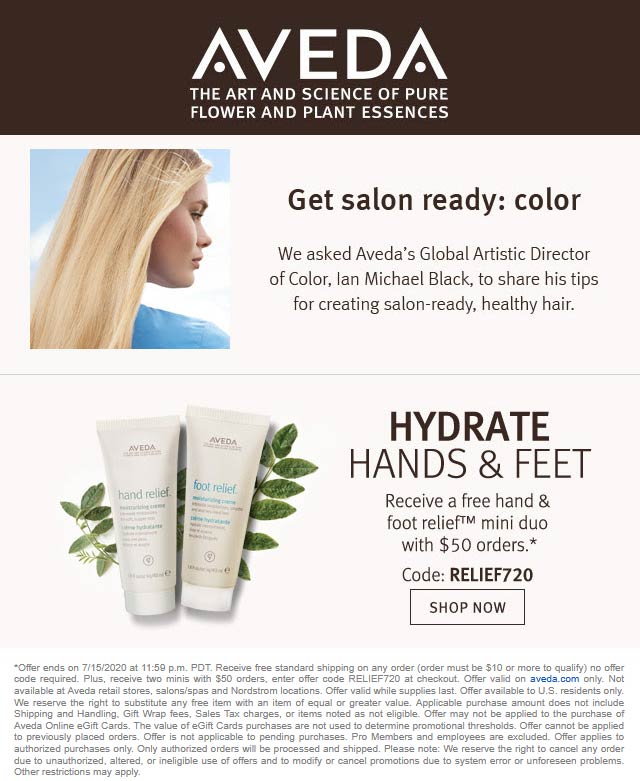 AVEDA stores Coupon  Free hand & foot relief duo with $50 spent today at AVEDA via promo code RELIEF720 #aveda avedacolor 
